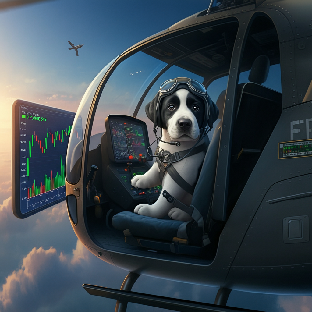 Barkley piloting a helicopter with forex charts and an inspiring message