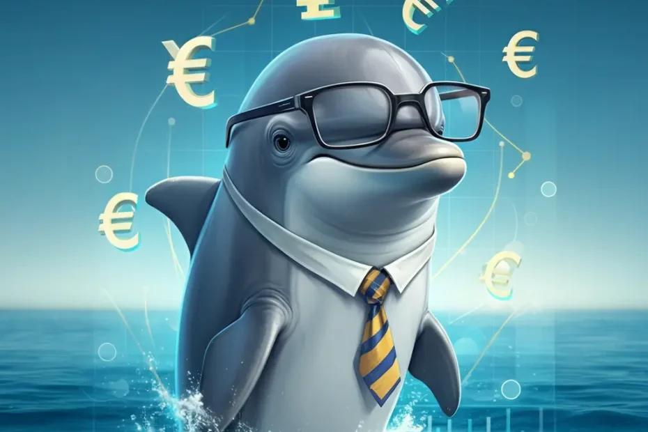 Friendly cartoon dolphin wearing a tie and glasses with financial charts and currency symbols in a calm ocean background, representing trading and financial success.