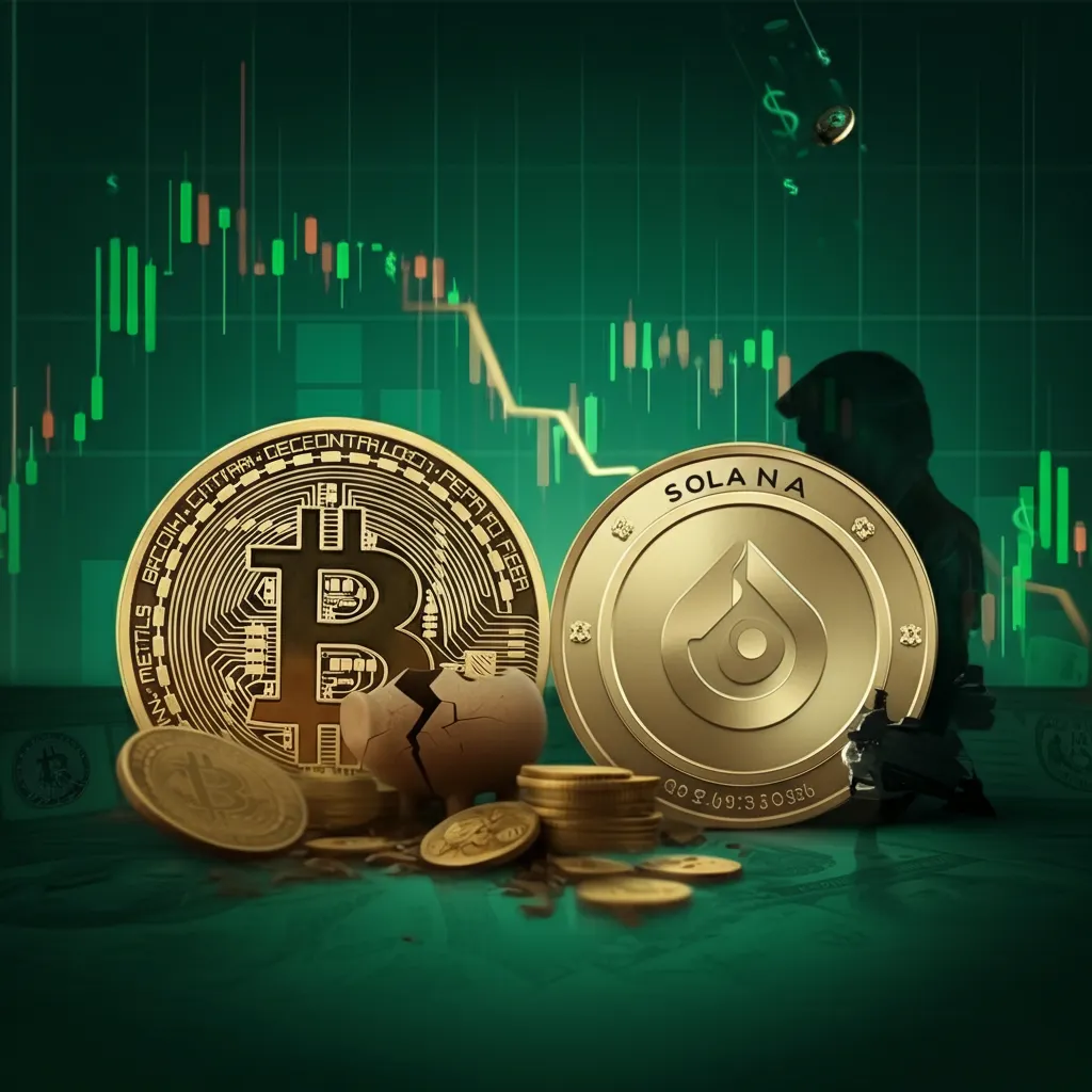 Bitcoin and Solana price drop featuring a dramatic market crash chart, showing Bitcoin's decline from $108,000 to $84,000 and Solana's drop from $273 to $133, with signs of economic instability.