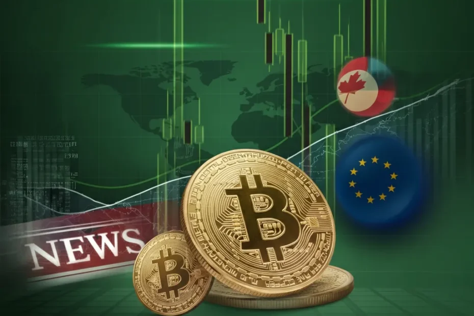 Cryptocurrency crash featuring Bitcoin and Solana price drop with global economic and political elements, including maps and flags.