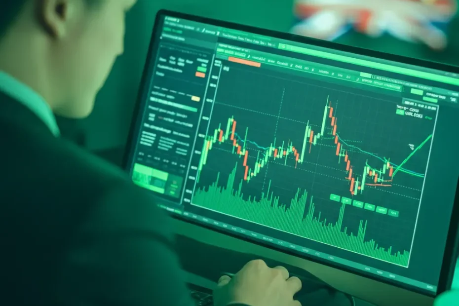 Trader analyzing GBP/USD Technical Analysis with candlestick charts, Fibonacci retracement levels, and RSI indicators in a professional trading setup.