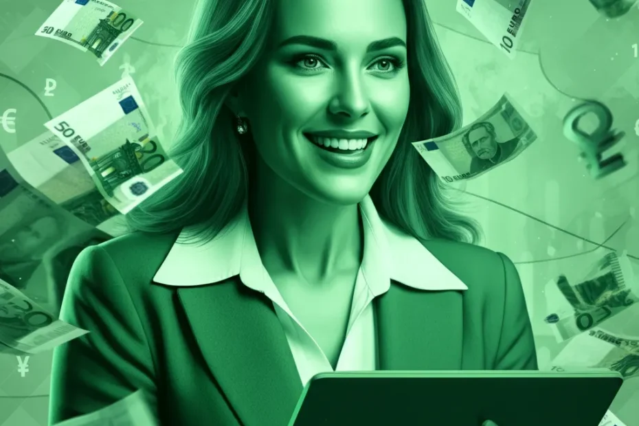 Excited female trader surrounded by Euro and USD bills representing the EUR/USD trading strategy.